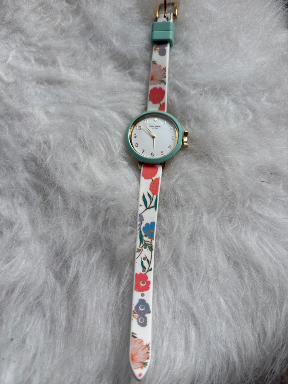 kate spade Floral Leather Strap Watch with Mint Bezel